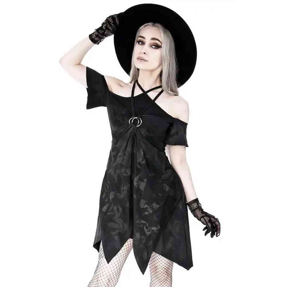Restyle - Strappy Pentagram Acid Wash Elvish Mini dress - Black